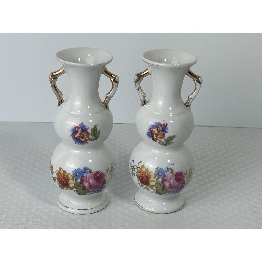 Vintage Floral Double Gourd Vases White Ceramic Gold Handles Pair Cottagecore